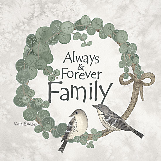 Linda Spivey LS1972 - LS1972 - Family Wreath - 12x12 animals, botanical, typography, backgrounds & patterns, birds, greenery, leaves, inspirational, word art, eucalyptus, wreath, songbirds, whimsical, decorative, digital illustration, neutral from Penny Lane