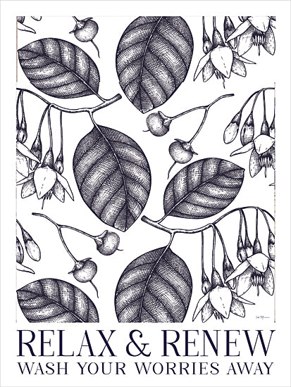 Lux + Me Prints LUX1120 - LUX1120 - Relax and Renew - 12x16 botanical illustration, floral pattern, relax and renew quote, spa decor, navy ink drawing from Penny Lane