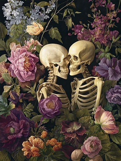 Lux + Me Designs LUX1163 - LUX1163 - Romance and Ruin - 12x16 skeleton couple, skull kiss, dark floral art, gothic romance, moody botanical decor, halloween wall art, macabre love theme, vintage still life mood, romantic skeletons, painterly floral arrangement, spooky elegant artwork, dramatic black background, gothic home decor, haunting love print, alternative valentine aesthetic from Penny Lane