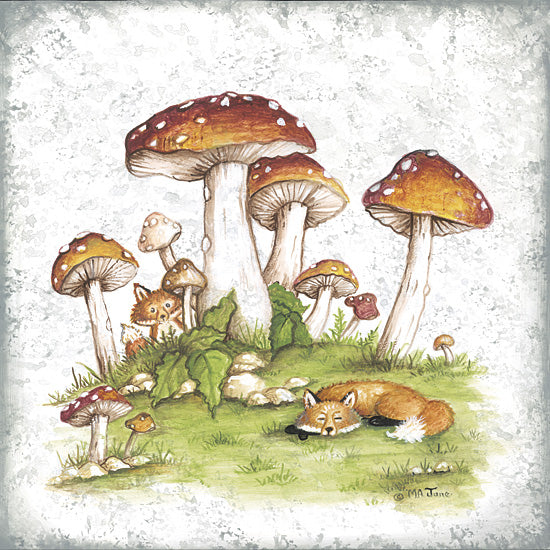 Mary Ann June MARY638 - MARY638 - Napping in the Mushroom Patch - 12x12 sleeping fox, toadstool mushrooms, woodland nursery art, whimsical forest illustration, juvenile nature print, hand painted watercolor style, enchanted mushroom patch, cute fox hiding in grass, children's room wall art, playful woodland decor, fantasy forest scene, folk art charm, soft rustic background, storybook animal art, autumn nature illustration from Penny Lane