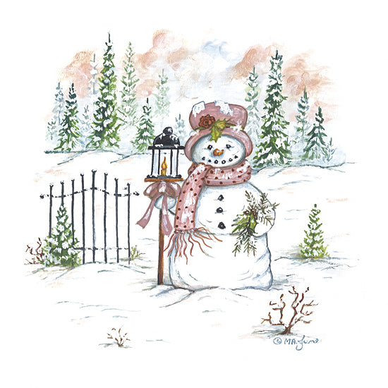 Mary Ann June MARY664 - MARY664 - Vintage Snow Lady - 12x12 winter snowman with lantern scarf snowy landscape pine trees festive watercolor christmas winter scene from Penny Lane
