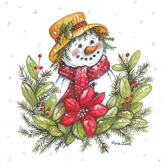 Mary Ann June MARY668 - MARY668 - Poinsettia Snowgirl    - 12x12 snowman illustration, winter greenery, poinsettia, festive holiday art, whimsical christmas character from Penny Lane