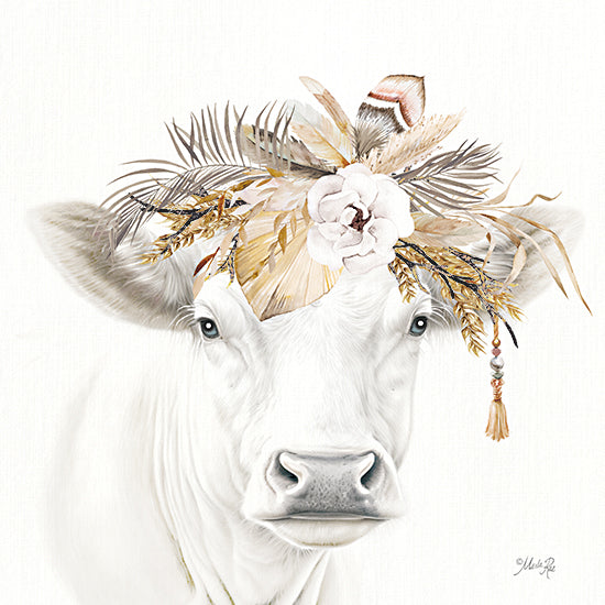 Marla Rae MAZ5898 - MAZ5898 - Boho Charolais - 12x12 White cow portrait, pale bovine face, bohemian floral headdress, feathers, tassel, gold wheat, neutral leaves, soft white background, western-inspired animal art, gentle eyes, airy farmhouse style, decorative cow wall decor from Penny Lane