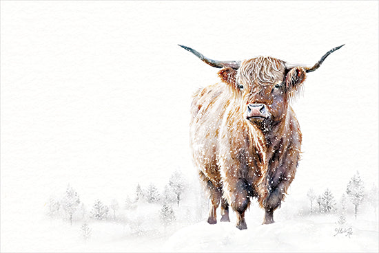 Marla Rae MAZ5921 - MAZ5921 - Winter Highland - 18x12 Highland cow in snow, winter landscape, full body cow, snowy ground, distant pine trees, long horns, shaggy fur, soft watercolor snowflakes, peaceful cold weather farm animal, rustic winter decor, white negative space from Penny Lane
