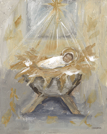 Mackenzie Kissell MKA249 - MKA249 - The Holy Birth - 12x16 nativity scene painting, baby jesus, manger, christmas star, religious artwork, holy night, newborn child, straw manger, spiritual illustration, neutral tones, gold accents, painterly brush strokes, christian faith, sacred birth from Penny Lane
