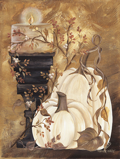 Michele Musser MM370 - MM370 - Harvest White - 12x16 white pumpkins, burning candle, dark pedestal, dried vines, floral sprigs, warm textured background, 'Harvest White' theme from Penny Lane