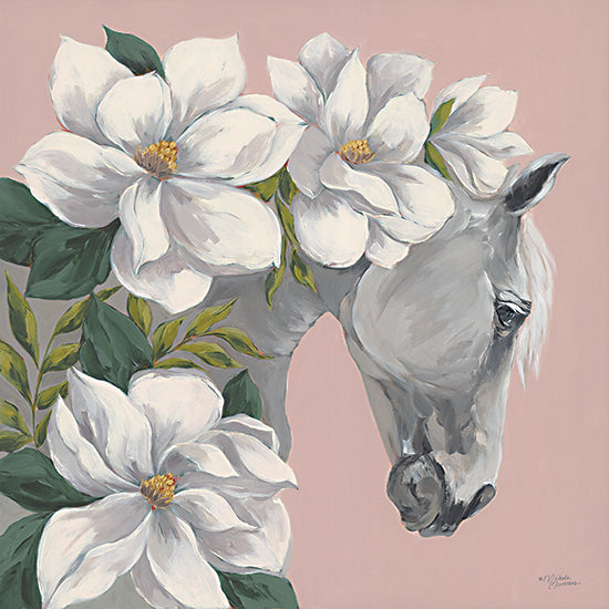 Michele Norman MN351 - MN351 - Sweet Maggie  - 12x12 white horse, magnolia flowers, floral headdress, pink background, equestrian, farm art, feminine touch, pastel tones from Penny Lane
