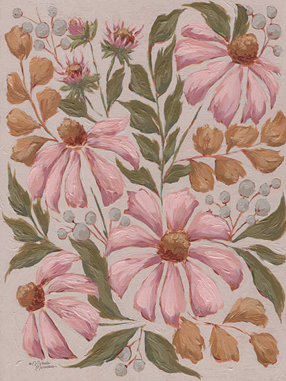 Michele Norman MN422 - MN422 - Nature's Dance - 12x16 soft pink flowers, wildflower bouquet, muted botanical painting, blush petals, beige background, hand painted floral art, feminine decor, decorative garden flowers, airy leaves and berries, cottage style artwork, still life floral composition, painterly brush strokes from Penny Lane