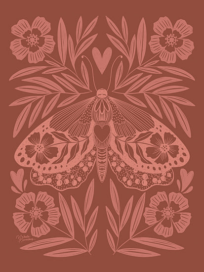 Michele Norman MN424 - MN424 - Moth Floral Wings II - 12x16 bird folk art painting, orange bird motif, pink flowers, symmetrical botanical composition, whimsical floral bird design, hand painted cottage art, feminine decorative print, stylized leaves, pastel palette, ornamental folk style, nature inspired artwork, painterly texture from Penny Lane