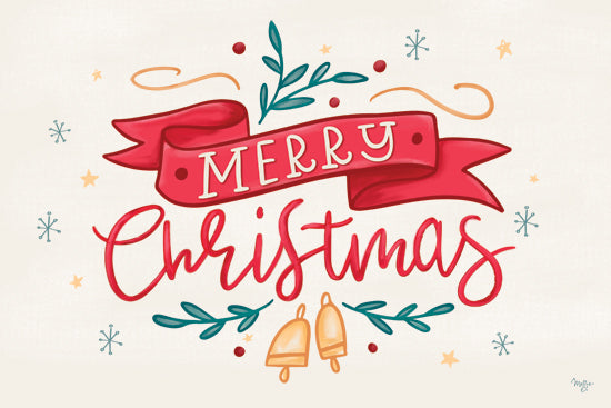 Mollie B. MOL2878 - MOL2878 - Whimsical Merry Christmas   - 18x12 Christmas greeting card, red ribbon banner, holiday script text, hand lettering, festive illustrations, bells, snowflakes, decorative foliage, stars and swirls from Penny Lane