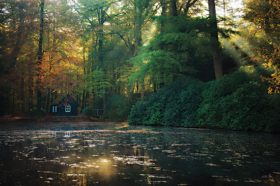 Martin Podt MPP1230 - MPP1230 - Cozy Lake Cottage - 18x12 forest pond with cabin, sun rays through trees, autumn woodland lake, cozy nature retreat from Penny Lane