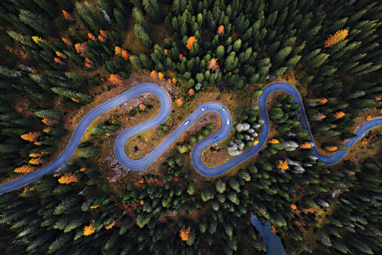 Martin Podt MPP1236 - MPP1236 - Snake Road - 18x12 aerial winding forest road, serpentine mountain road, autumn trees from above, transportation landscape from Penny Lane