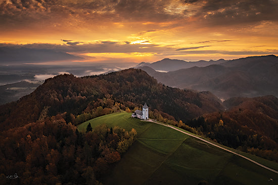 Martin Podt MPP1240 - MPP1240 - sLOVEnian Sunrise - 18x12 landscape, religious & spiritual, travel, country, sky, trees, path, rural, architecture, places & cities, sunset, church, mountains, autumn, mist, aerial view, moody, photography, orange from Penny Lane