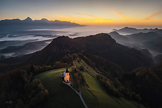 Martin Podt MPP1241 - MPP1241 - Slovenian Beauty at Sunrise - 18x12 landscape, religious & spiritual, travel, country, rural, sky, trees, architecture, places & cities, sunrise, fog, church, mountain, valley, moody, photography, orange from Penny Lane
