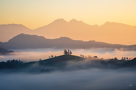 Martin Podt MPP1244 - MPP1244 - Mountain Mist II - 18x12 sunrise church hill fog, rural countryside landscape, golden sky morning mist from Penny Lane