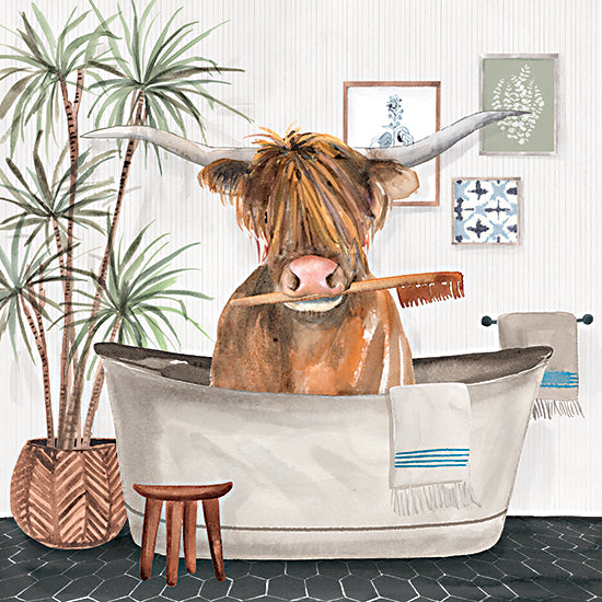 Masey St. Studios MS263 - MS263 - Spotless Lucy   - 12x12 highland cow in bathtub, whimsical bathroom art, humorous animal illustration, shaggy cow, toothbrush in mouth, farmhouse decor, playful wall art, watercolor style, rustic bathroom print, funny farm animal, long horn cow, neutral home decor, modern farmhouse style, decorative bath artwork, quirky country art, cozy interior illustration, charming bovine portrait, lighthearted humor, painterly animal art, cute bathroom themed design from Penny Lane
