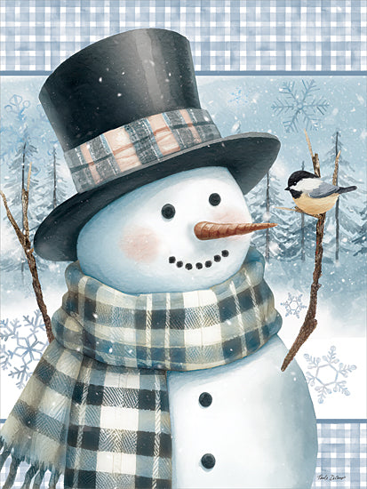 Nicole DeCamp ND1002 - ND1002 - Branches of Friendship I - 12x16 snowman with plaid scarf and top hat, carrot nose, snowy background, bird perched on branch, winter scene, cheerful holiday decor from Penny Lane