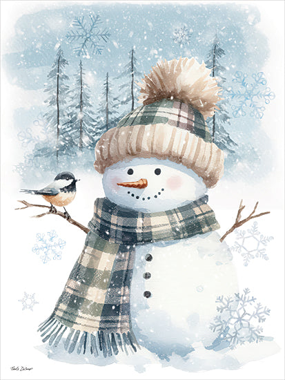 Nicole DeCamp ND1003 - ND1003 - Branches of Friendship II - 12x16 snowman with plaid scarf and knit hat, carrot nose, bird on twig arm, snowflakes, forest background, watercolor winter art from Penny Lane
