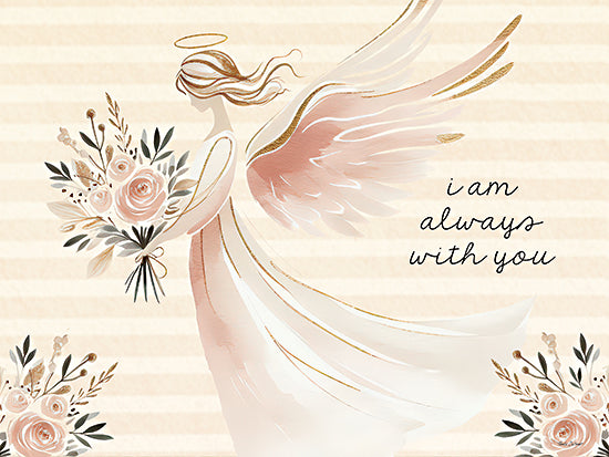 Nicole DeCamp ND1004 - ND1004 - I am Always With You Angel - 16x12 angel with pink wings holding bouquet, text reads i am always with you, soft pastel tones, floral and inspirational art from Penny Lane