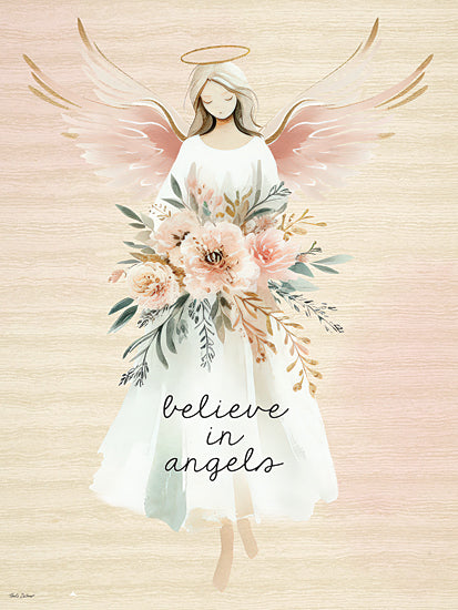 Nicole DeCamp ND1005 - ND1005 - Believe in Angels - 12x16 angel with pink wings and floral bouquet, text believe in angels, soft beige background, watercolor spiritual art from Penny Lane