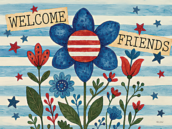 Nicole DeCamp ND1048 - ND1048 - Patriotic Welcome Friends - 16x12 seashells, hydrangeas, american flag background, coastal patriotic decor from Penny Lane
