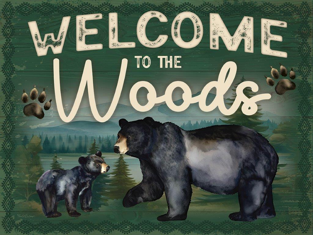 Nicole DeCamp ND198 - ND198 - Welcome to the Woods - 16x12 Lodge, Welcome to the Woods, Typography, Signs, Textual Art, Bears, Black Bears, Pawprints, Landscape, Lake, Trees, Mountains, Mother and Baby, Bear Cub, Pattern from Penny Lane