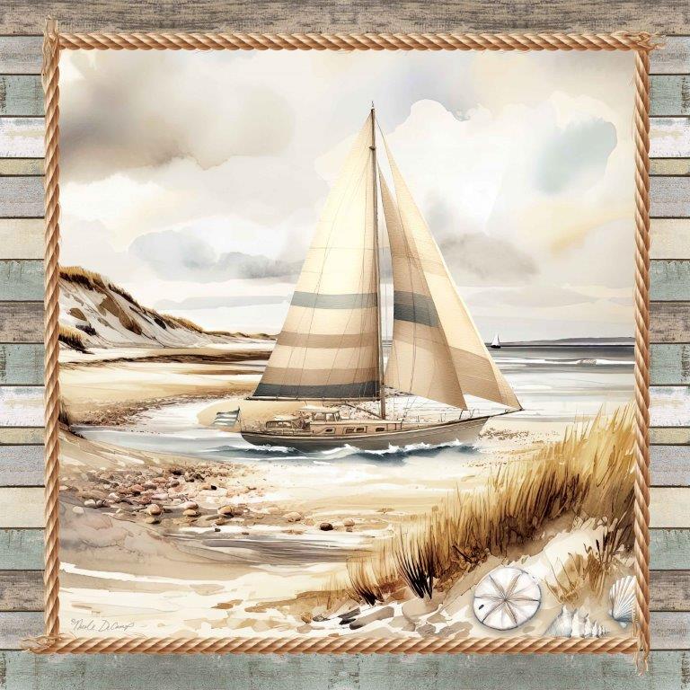 Nicole DeCamp ND291 - ND291 - Cape Cod Sailboat II - 12x12 Coastal, Landscape, Cape Cod, Sailboat, Bird, Rocks, Beach Grass, Coast, Sand, Rope Border, Wood Planks from Penny Lane