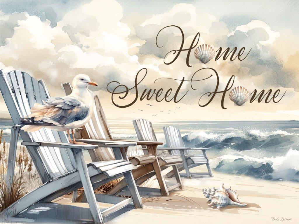 Nicole DeCamp ND294 - ND294 - Coastal Home Sweet Home - 16x12 Coastal, Beach Chairs, Adirondack Chairs, Ocean, Shells, Landscape, Home Sweet Home, Typography, Signs, Textual Art, Bird, Seagull from Penny Lane