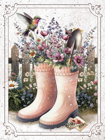 Nicole DeCamp ND398 - ND398 - In the Garden Boots - 12x16 Still Life, Gardening, Flowers, Boots, Gardening Boots, Trowel, Seed Packets, Humming Bird, Fence, Spring from Penny Lane