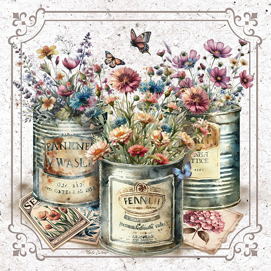 Nicole DeCamp ND399 - ND399 - In the Garden Floral Cans - 12x12 Still Life, Gardening, Flowers, Cans, Butterflies, Seed Packets, Spring from Penny Lane