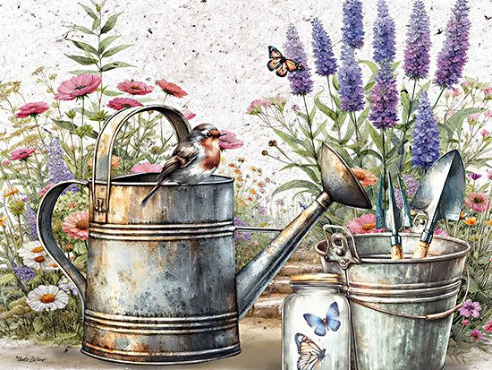 Nicole DeCamp ND402 - ND402 - In the Garden Floral Watering Can - 16x12 Still Life, Garden, Watering Can, Galvanized Pail, Flowers, Bird, Butterflies, Canning Jar, Spring, Garden Tools from Penny Lane