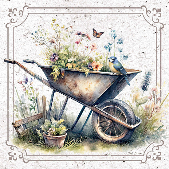 Nicole DeCamp ND404 - ND404 - In the Garden Floral Wheelbarrow - 12x12 Still Life, Gardening, Flowers, Wheelbarrow, Bird, Bluejay, Butterfly, Potted Plant, Spring from Penny Lane