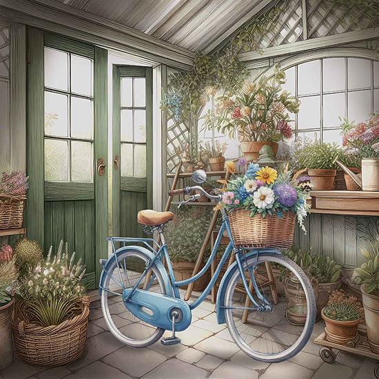 Nicole DeCamp ND405 - ND405 - In the Garden Floral Bike - 12x12 Still Life, Garden, Garden Shed, Plants, Bicycle, Bike, Blue Bike, Flowers, Potted Flowers, Shelves, Spring, Baskets, Green Plants, Trellis, Spring from Penny Lane