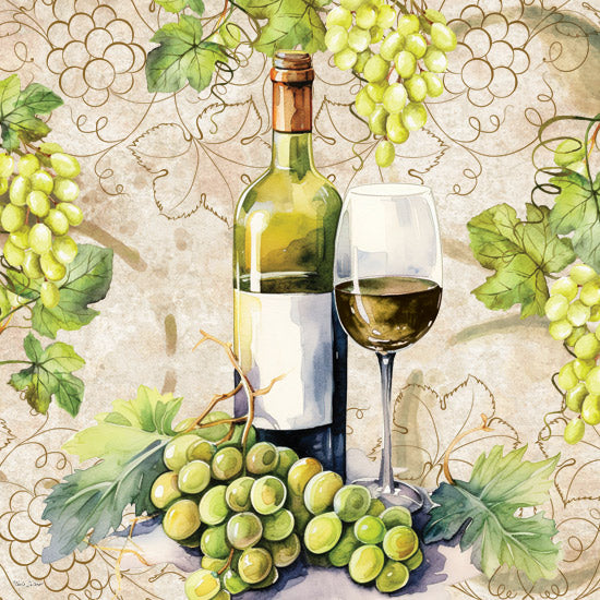 Nicole DeCamp ND440 - ND440 - White Wine Still Life - 12x12 Still Life, Wine, Wine Bottle, Grapes, Green Grapes, Wine Glass, Grapevines from Penny Lane