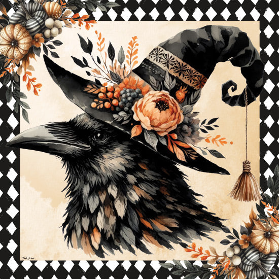 Nicole DeCamp ND664 - ND664 - Vintage Halloween Crow I - 12x12 Halloween, Still Life, Fall, Crow, Witch's Hat, Pumpkins, Flowers, Berries, Greenery, Broom, Vintage, Harlequin Border from Penny Lane