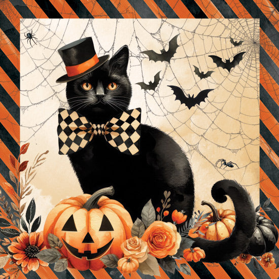 Nicole DeCamp ND668 - ND668 - Vintage Halloween Cat - 12x12 Halloween, Still Life, Fall, Cat, Hat, Pumpkins, Jack O'lantern, Flowers, Berries, Greenery, Bats, Spider's Web, Spiders, Vintage, Black & Orange Border from Penny Lane