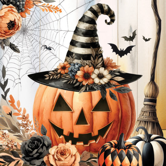 Nicole DeCamp ND670 - ND670 - Vintage Halloween Jack O'Lantern - 12x12 Halloween, Fall, Still Life, Pumpkin, Painted Pumpkin, Witch's Hat, Flowers, Jack O'lantern, Spiders, Spider's Web, Bats, Leaves, Vintage from Penny Lane