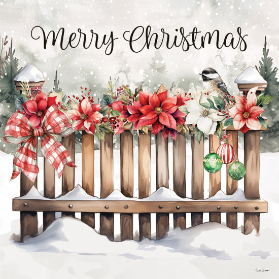 Nicole DeCamp ND720 - ND720 - Merry Christmas Fence - 12x12 Christmas, Holidays, Fence, Flowers, Poinsettias, Bird, Garland, Ornaments, Bow, Winter, Snow, Merry Christmas, Typography, Signs, Textual Art, Farmhouse/Country from Penny Lane