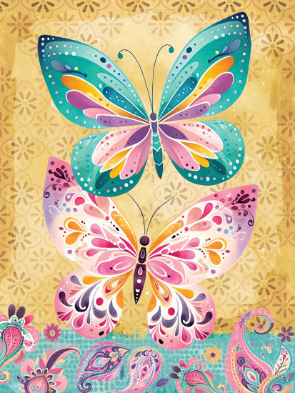 Nicole DeCamp ND763 - ND763 - Paisley Butterfly - 12x16 double butterflies, golden background, paisley and florals, pastel insect art, colorful wing patterns, feminine fantasy, decorative design, cheerful artwork from Penny Lane