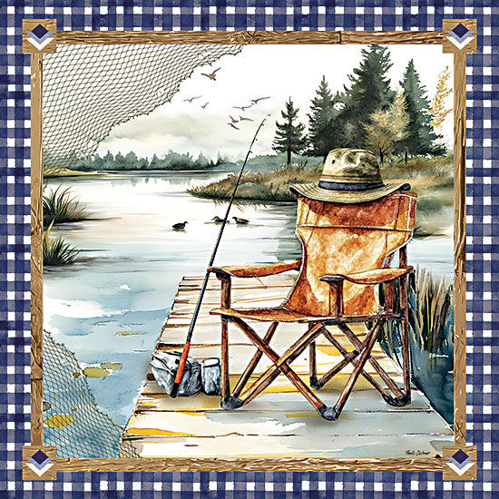 Nicole DeCamp ND791 - ND791 - Lake Life Fishing Chair - 12x12 fishing chair on dock, rod and hat, calm lake, forest and ducks, nets and frame, rustic peaceful fishing retreat from Penny Lane