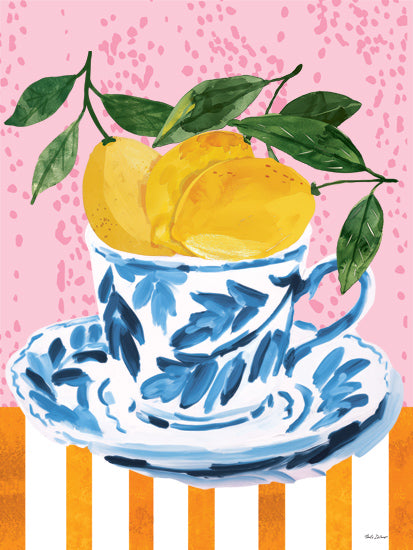 Nicole DeCamp ND850 - ND850 - Citrus Lemons Tea - 12x16 fruit bowl with lemon and orange, floral accents, colorful composition, decorative still life, bold patterns, kitchen art, modern farmhouse from Penny Lane