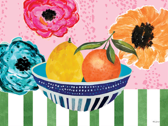 Nicole DeCamp ND851 - ND851 - Citrus Fruit Bowl - 16x12 tangerines in striped bowl, citrus branches, leaves, vibrant blue background, still life fruit, kitchen decor, painterly brush strokes from Penny Lane