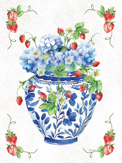 Nicole DeCamp ND869 - ND869 - Touch of Sweetness - 12x16 blue and white ceramic vase with hydrangeas and strawberries, botanical floral arrangement, cottagecore garden art, watercolor still life, farmhouse decor, berry vines, summer flowers, decorative pottery illustration from Penny Lane