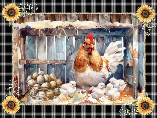Nicole DeCamp ND889 - ND889 - Barnyard Blessings - 16x12 hen with chicks, eggs basket, rustic coop scene, sunflower border, farmhouse kitchen art from Penny Lane