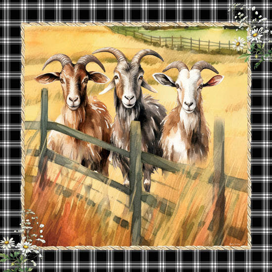 Nicole DeCamp ND891 - ND891 - The Watchful Goats - 12x12 goats by fence, countryside scene, rustic plaid frame, farmhouse style artwork from Penny Lane