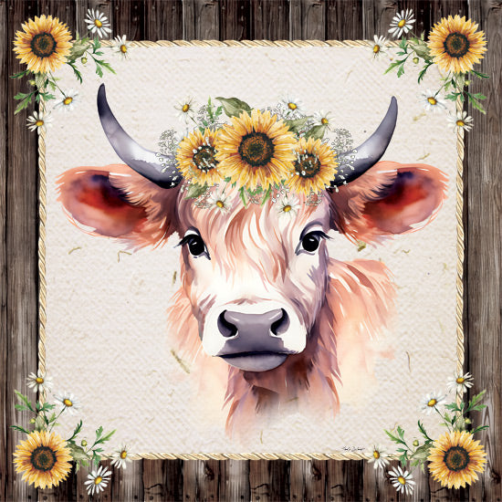 Nicole DeCamp ND893 - ND893 - Sunflower Highland - 12x12 cow portrait with floral crown, sunflower and daisies, rustic wood background, farmhouse animal art from Penny Lane