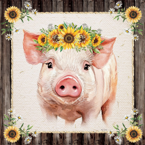 Nicole DeCamp ND895 - ND895 - Sunflower Pig - 12x12 pig portrait with floral crown, rustic wood frame, farmhouse animal artwork from Penny Lane