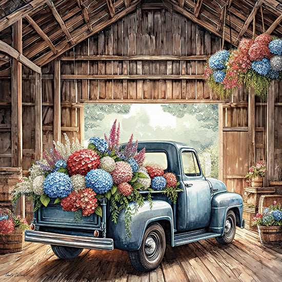 Nicole DeCamp ND934 - ND934 - Blooms in the Barn - 12x12 vintage truck, barn interior, hydrangea flowers, rustic country scene, farmhouse decor, floral bouquet in pickup from Penny Lane