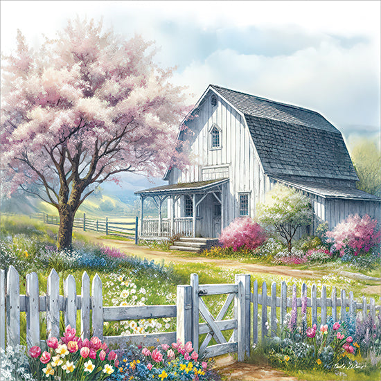 Nicole DeCamp ND955 - ND955 - Pink Floral Farm - 12x12 spring farmhouse, blooming tree, white fence, cottage landscape, pastel colors, peaceful scene from Penny Lane