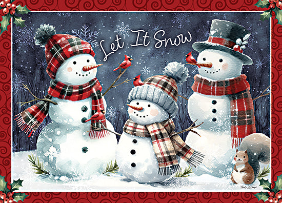 Nicole DeCamp ND988 - ND988 - Let It Snow Christmas Snowmen - 16x12 snowmen family, winter scene, cardinals, Christmas hats, scarves, snowflakes, festive, illustration, holiday cheer, Let It Snow text, holly border from Penny Lane